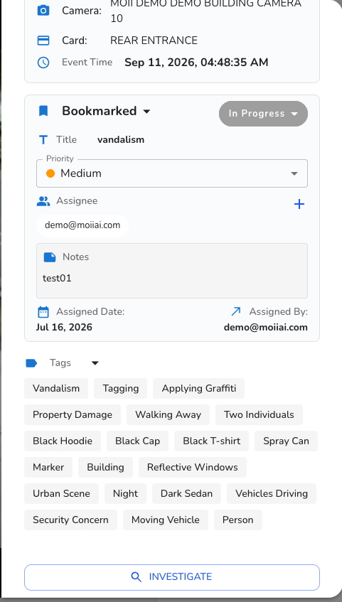 Moii event record: context capture, alerting status, bookmark, action delegation and investigate