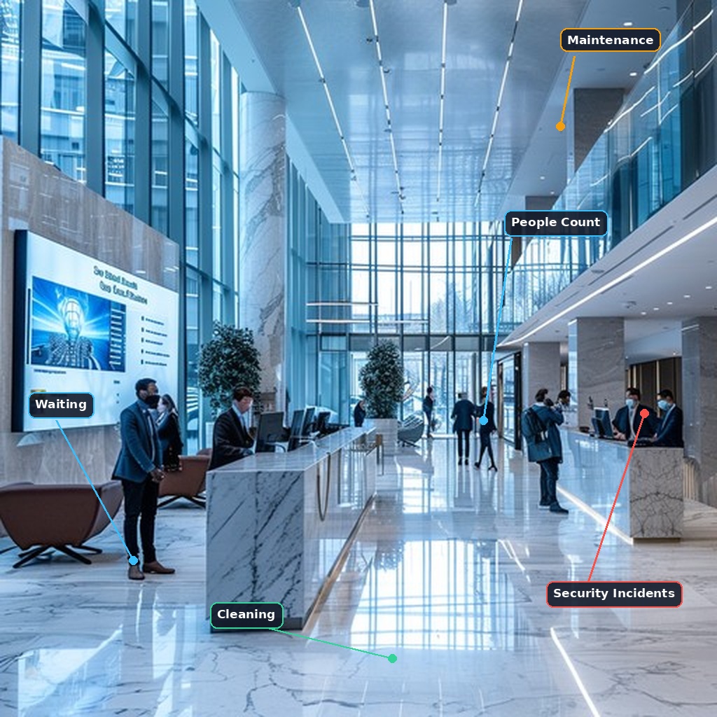 High-rise lobby with Moii recognizing waiting, people count, cleaning, maintenance and security conditions
